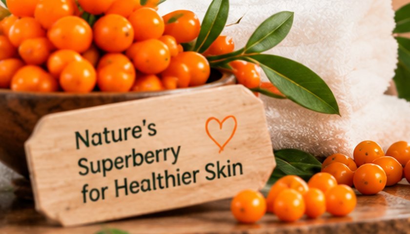 Fresh sea buckthorn berries in a wooden bowl