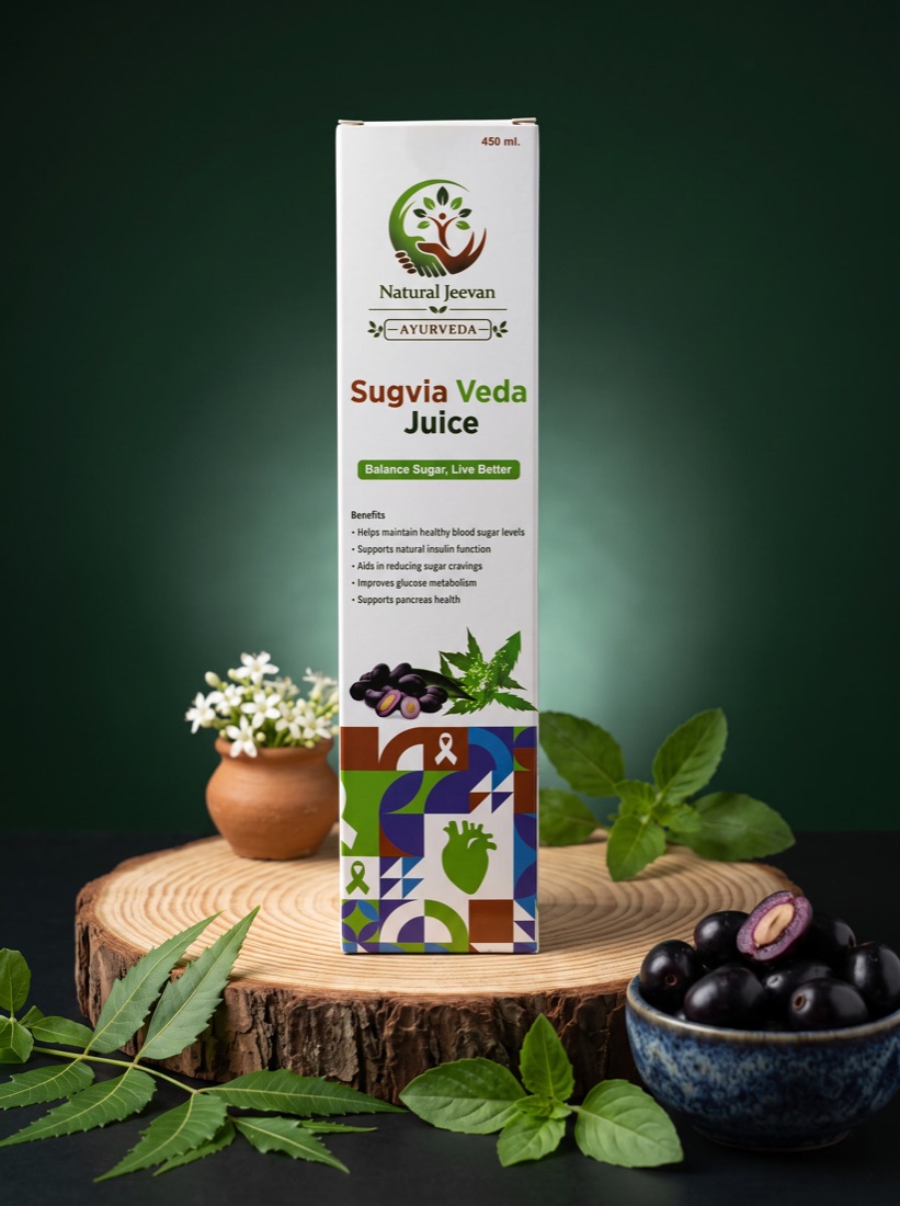 Sugvia Veda Juice box on wooden log with ayurvedic herbs